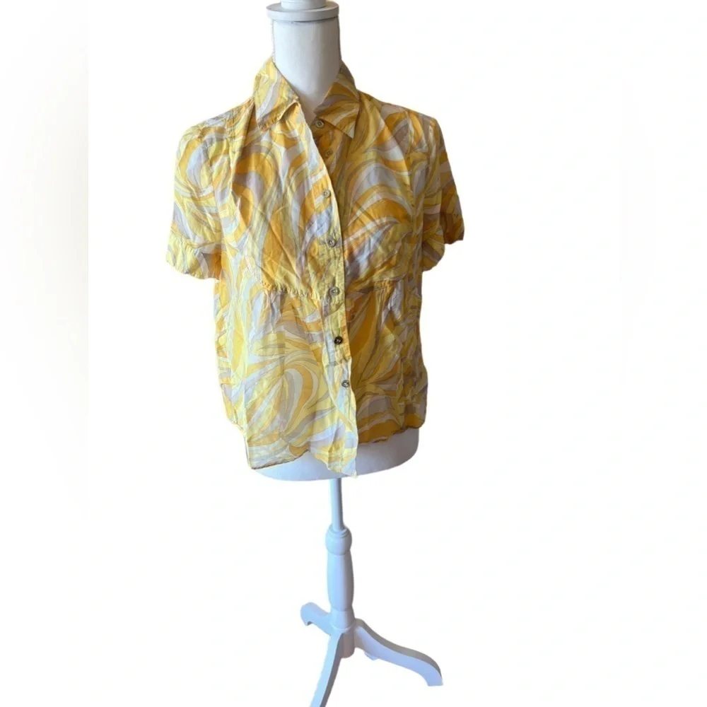 Michael Kors‎ Yellow White Abstract Pattern Short Sleeve Button Blouse